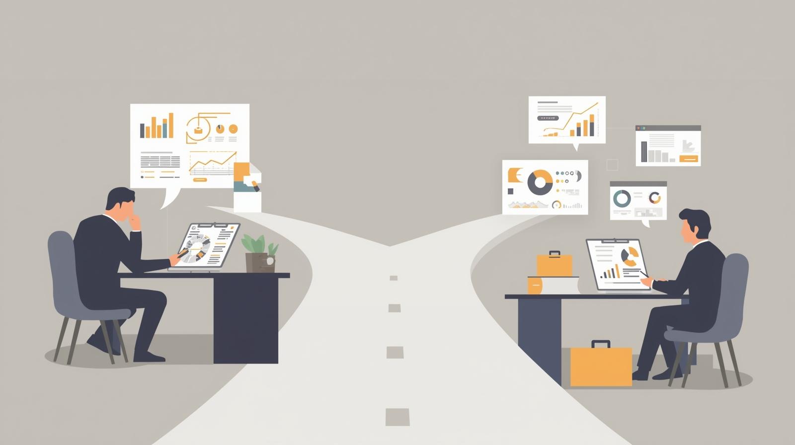 Two businessmen at desks analyze charts, with a road splitting between them.